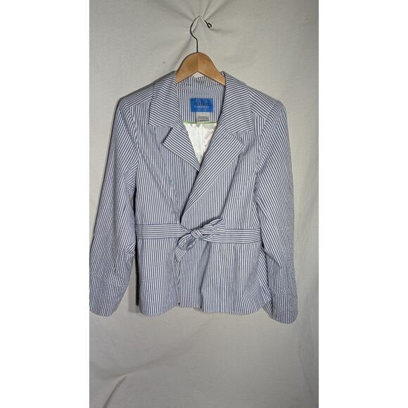 Perfect By Carson Kressley Womens Open Front Tie Waist Seersucker Blazer Sz 14 - Picture 1 of 6